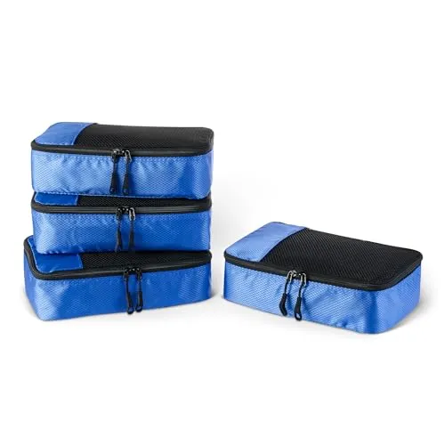 Amazon Essentials 4-teiliges Packwürfel-Reisezubehörset, Gepäckorganizer mit Doppelreißverschluss, Netzoberseite, Polyester, klein/mittel/groß/schmal, blau (früher Amazon Basics)