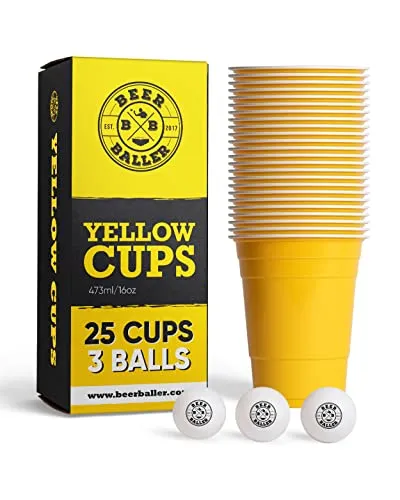 BeerBaller® Yellow Cups - 25 gelbe Beer Pong Becher & 3 Bier Pong Bälle | spülmaschinenfest & wiederverwendbar | 473ml - 16oz Partybecher | Bierpong Becher Set | Original American Beerpongbecher
