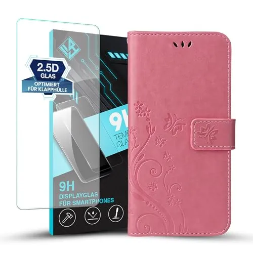 LBH Handy Hülle für Motorola Moto E32 Case mit 9H Displayglas Handytasche Schmetterling Blumen Flower Standfunktion Schutzhülle Magnet Rundum Schutz 360 Grad Flipcase Rosegold
