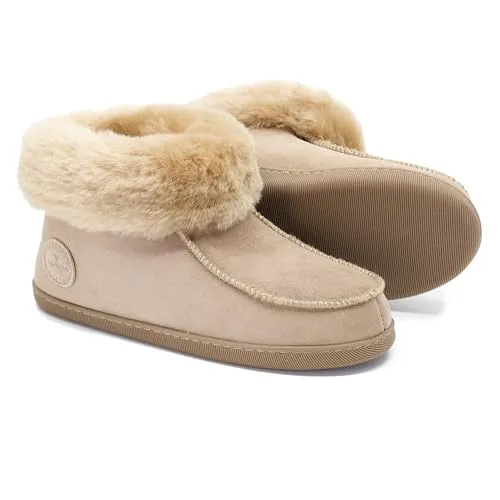 Vanuba Peppin Handmade Damen Hausschuhe, Naturleder, 100% Schafwolle, Warme und Bequeme Hausschuhe, Leder Beige/Beige, 40 EU