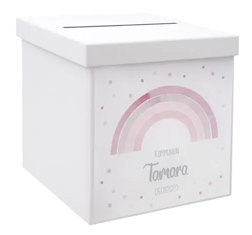 ZauberDeko Geschenkbox Briefbox Regenbogen Rosa mit Name - Niedliche Geschenkbox für Glückwünsche und Geldgeschenke zur Taufe, Kommunion oder Konfirmation. Mit personalisierbarem Design und stabiler Verarbeitung, ideal für besondere Anlässe.