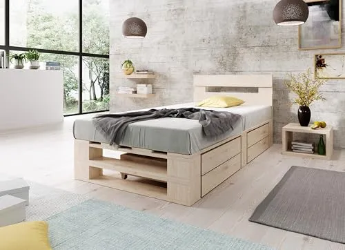 Lermowood Palettenbett M2 aus Holz 120 x 200 cm Natur mit Kopfteil und 2 Bettkästen Holzbett 30cm Stabiles Seniorenbett Kinderbett Jugendbett Gästebett erhöhtes Bettgestell Futon Komforthöhe Naturholz