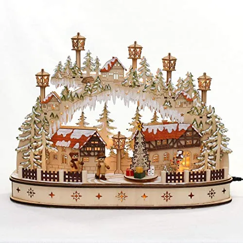 Dekohelden24 LED Holz Schwibbogen mit Schneemann - Weihnachtlicher Zierschmuck, mit bewegtem Weihnachtsbaum und liebevollen Motiven, schafft festliche Stimmung in Ihrem Zuhause. Ideal für die Adventszeit und sowohl für Batterie- als auch Adapterbetrieb geeignet.