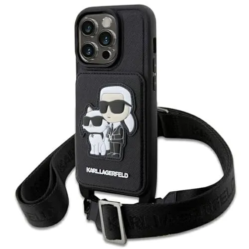 Karl Lagerfeld Saffiano Crossbody Handyhülle für iPhone 14 Pro Max - Schwarz - Elegante Handyhülle aus strapazierfähigem Saffiano-Leder mit Crossbody-Riemen, ideal für stilbewusste Nutzer. Schützt Ihr iPhone 14 Pro Max vor Kratzern und bietet gleichzeitig praktischen Komfort.
