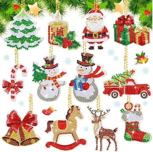 KAHEIGN 12Pcs 5D Diamant Malerei Weihnachten Anhänger Kit, 12 Diamantkunst-Acrylplatten mit 12 Schlüsselanhänger, Weihnachtsmann Schneemann Diamant Malerei DIY Kit Weihnachtsbaum Deko