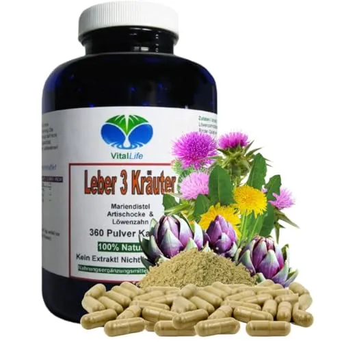 LEBER 3 KRÄUTER Leber, Galle & Stoffwechsel 360 Kapseln + Mariendistel + Artischocke + Löwenzahn traditionell nach Hildegard von Bingen. 100% NATUR pur. OHNE Zusatzstoffe 26384-360