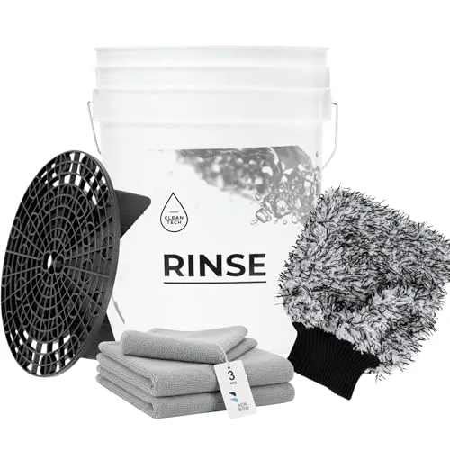 Cleantech Autowäsche-Set: Weißer 20-Liter-Wascheimer mit Schmutzsieb + Waschhandschuh & 3 Mikrofasertücher – optimale Trennung von Schmutz – ideal für die Handwäsche des Autos