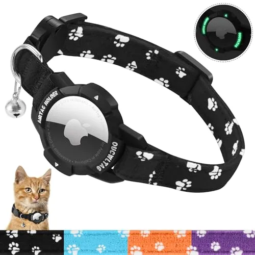 MASERFOLA Katzenhalsband Airtag mit leuchtendem Apple Air Tag Halter, Sicherheitsverschluss & Elastischer Gummiband, Katzenkratzmuster-Design, Verstellbar Halsband Katze (Schwarz, 20-30cm)