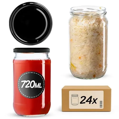 KADAX 24st Einmachgläser 720ml mit Schraubdeckel fi82 mm für Einlegen, Einmachen, Konservieren und Mahlzeitenvorbereitung - Luftdichte Twist-off Gläser (Schwarz / 24St.)