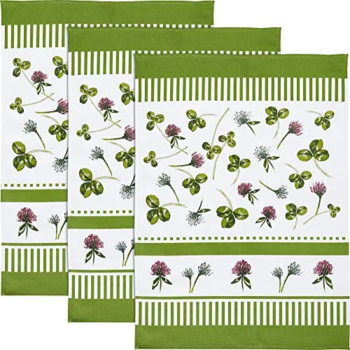 Erwin Müller Geschirrtuch, Küchentuch, Trockentuch im 3er-Pack mit Druckmotiv Kleeblatt und Blüten natur-grün Größe 50x70 cm - strapazierfähig, saugstark, 100% Baumwolle