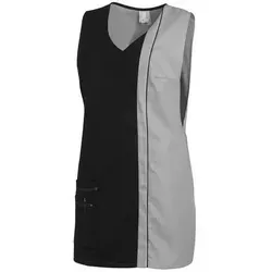 Überwurfschürze mit Druckknopfverschluss schwarz/silber, Gr. I - Praktische Überwurfschürze in schwarz/silber mit seitlichem Druckknopfverschluss. Hergestellt aus 65% Polyester und 35% Baumwolle, pflegeleicht und mit geprüfter Qualität.