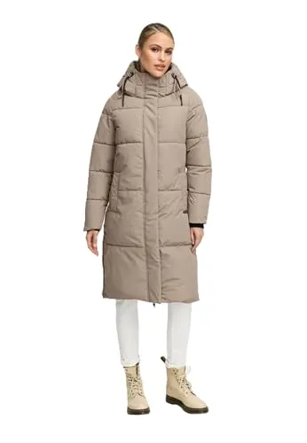 MARIKOO Damen Wintermantel (XS-3XL) - gesteppt, mit Kapuze & Reißverschlussschlitze - N082 - TaupeGrey Größe XS - Gr.XS