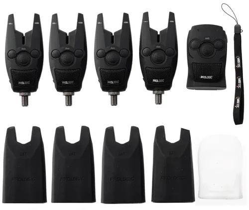 Prologic BAT BITE Alarm Set 4+1 Blue - Bissanzeiger für Süßwasserangeln, blaues 4+1 Funkbißanzeigerset mit Cover, ideal für Karpfenangeln.