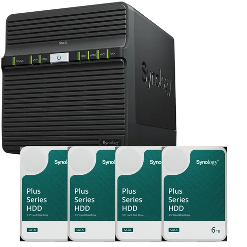 Synology DiskStation DS423 mit 4x 6TB SATA HDDs - Leistungsstarker NAS-Server mit 4 Einschüben und 24TB Speicherplatz. Ideal für Datensicherung und Medienstreaming. Effiziente Lösung für Ihre Speicherbedürfnisse.