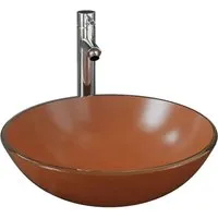 vidaXL Badezimmer Waschbecken mit Wasserhahn und Ablaufgarnitur Braun - Elegantes gefliestes Waschbecken aus gehärtetem Glas mit praktischem Pop-up Ablaufventil. Ideal für stilvolle Badezimmer und leicht zu reinigen.