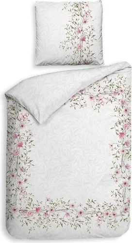 Heckett & Lane Satin Bettwäsche Jolie White 155x220 - Bettwäsche-Set aus hochwertigem Mako-Satin, 2-teilig, mit zarter Blütenranke in Rosa. Pflegeleicht, hautfreundlich und mit Reißverschluss für einfachen Bezug. Ideal für einen eleganten Schlafbereich.