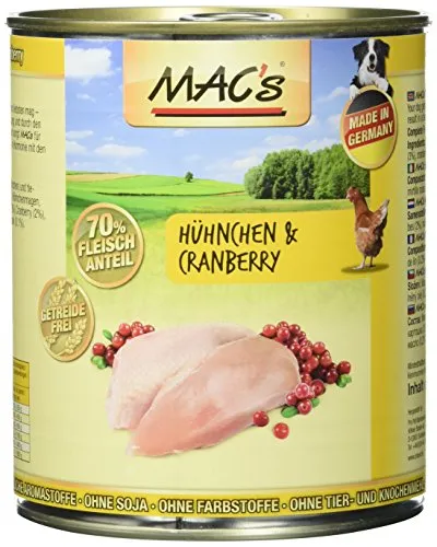 MAC's DOG Hühnchen & Cranberry 6x800g - Getreidefreies Nassfutter für Hunde mit hohem Fleischanteil, unterstützt die Gesundheit des Urintrakts und enthält Gelenkförderndes Grünlipp-Muschelextrakt.