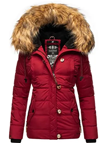 Navahoo Damen Winter Steppjacke Zoja Blood Red, Gr. S - Funktionsjacken: Modische und warme Steppjacke mit abnehmbarem Kunstfell, ideal für kalte Herbst- und Wintertage – taillierte Passform und kuscheliges Teddyfell-Futter.