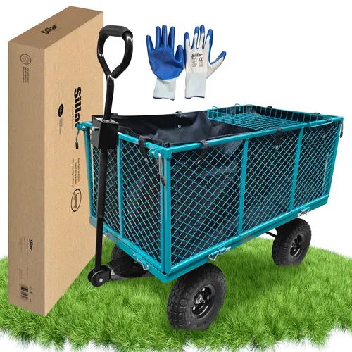 Sillar Gartenwagen klappbar 350 kg – Bollerwagen faltbar Metallgitter mit 10 Luftreifen & Plane, Transportwagen klappbar für Gartenarbeit