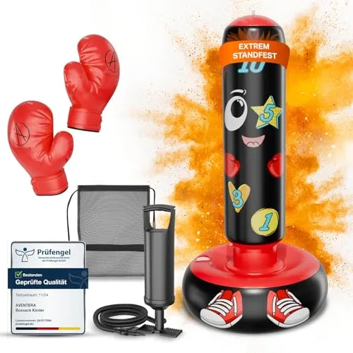AVENTERA® Boxsack Kinder 3-12 Jahre - 4-in-1 Set mit Lerneffekt - Standboxsäcke für Kinder, robustes Material, inklusive Boxsack, Pumpe, Handschuhe und Beutel für kreativen Spielspaß und schnelle Einsatzbereitschaft.