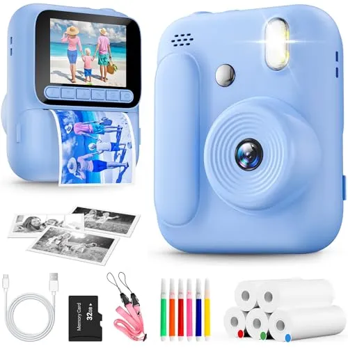 Naxup Sofortbildkamera für Kinder,1080P Kinderkamera mit 5 Rollen Druckpapier,32GB-Karte und Farbstiften,Tragbare Digitalkamera für Jungen und Mädchen,Geschenke für Kinder im Alter 3–14 Jahren (Blau)