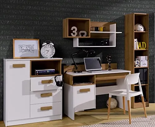 Marmex Kinderzimmer Komplettes Set Grant 3, im Set: Schreibtisch G2, Schmales bücherregal G7, Wandregal G3, Kommode mit Schubladen G4