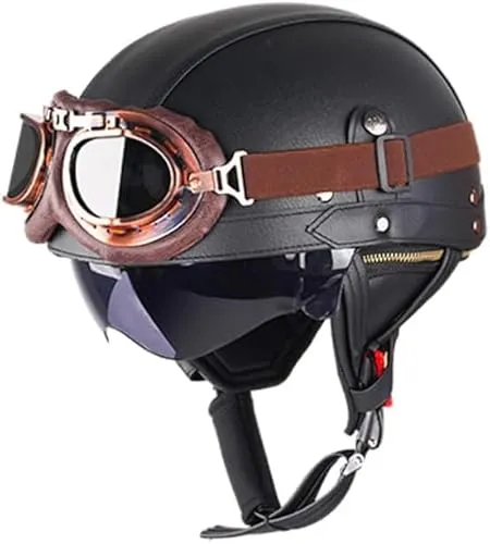 Retro Motorradhelm mit Brille - ECE Zertifiziert - Motorrad- & Motorsporthelme: Hochwertiger PU-Lederhelm mit abnehmbarem Gehörschutz, atmungsaktivem Innenfutter und Sonnenschutzgläsern für optimalen Komfort und Sicherheit.