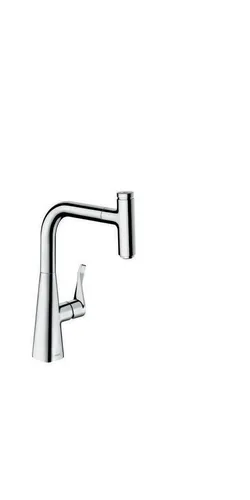 Spültischmischer 240 Metris Select M71 mit Ausziehauslauf - Armaturen mit ComfortZone 240 und Laminarstrahl für reduziertes Spritzverhalten. Der Select-Knopf ermöglicht komfortables An- und Abstellen des Wasserstrahls.