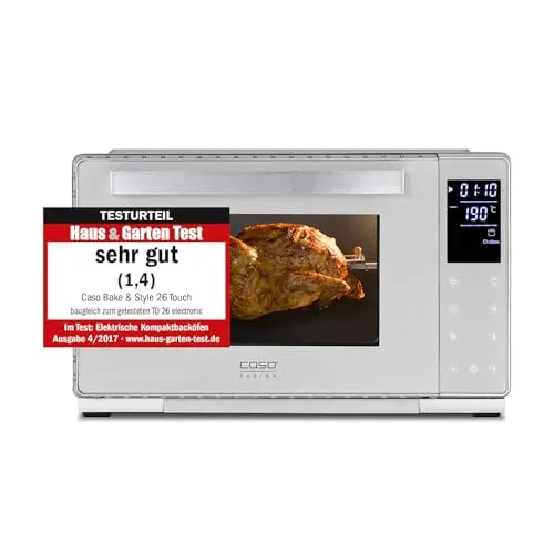 CASO Bake & Style 26 Touch - Vielseitiger Design Backofen - Minibacköfen mit 9 Automatikprogrammen und Temperaturbereich von 30-230°C, ideal für Pizza, Braten und Grillen. Inkl. Pizzastein und Drehspieß für perfekte Ergebnisse.