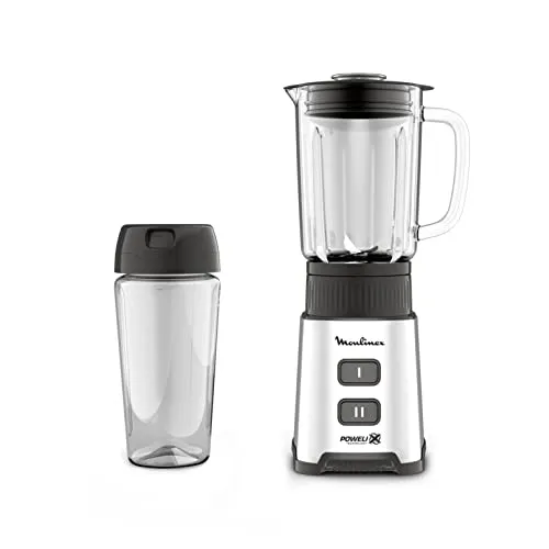 Moulinex Pulseo LM17GD Standmixer, 400 W, 4 Klingen, 700 ml, tragbarer 600-ml-Behälter, 2 Geschwindigkeitsstufen, für Säfte und Smoothies, Edelstahl
