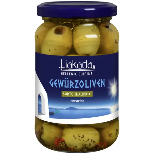 Liakada Grüne Gewürzoliven Sorte Chalkidiki ensteint 170g Glas
