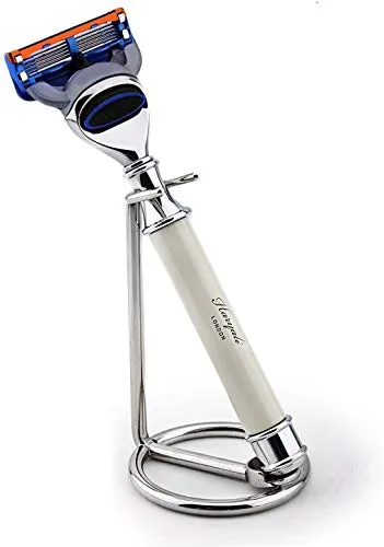 Luxuriöses Set mit 5 Kanten Rasiermessern in Elfenbeinfarbe - Rasierer für Herren, außergewöhnlich ausgewogen und einfach zu handhaben, ideal als Geschenk für Anfänger und Profis, inklusive Edelstahl-Rasierständer für vielseitige Nutzung.