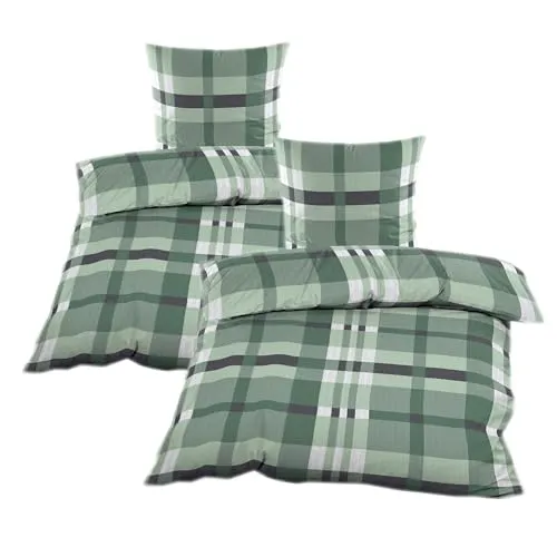 Casa Colori Seersucker Bettwäsche 4 TLG. 135x200 mit Reißverschluss - Grün Grau kariert