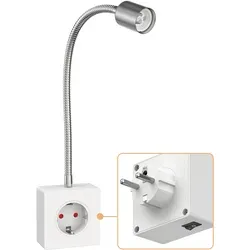 Ledscom.de Steckdosenleuchte LESCH, Schwanenhals, Chrom/Weiß - Lampen mit integrierter Schuko-Steckdose und schwenkbarem Schwanenhals für flexible Beleuchtung – ideal für Lesen und Arbeiten, ohne zusätzliche Installation.