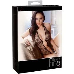 Abierta Fina Body M - Erotische Bodys: Verführerischer Neckholder-Bodysuit aus transparenter Spitze mit Glitzer-Details, ideal für besondere Anlässe und verführerische Momente.