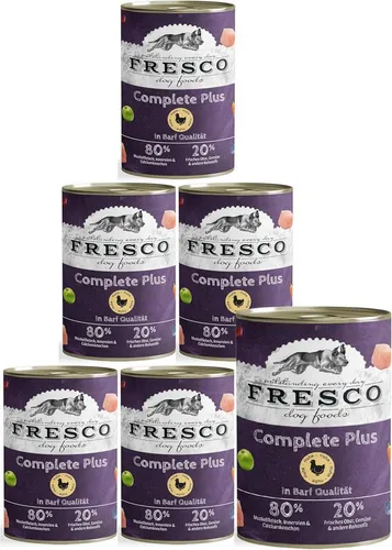 Fresco Complete Plus Huhn 800 g - 6 Stück für Hunde - Vollwertige Hundenahrung mit 23% Hühnerfleisch, reich an wertvollen Zutaten. Ideal für eine ausgewogene Ernährung Ihres Vierbeiners.