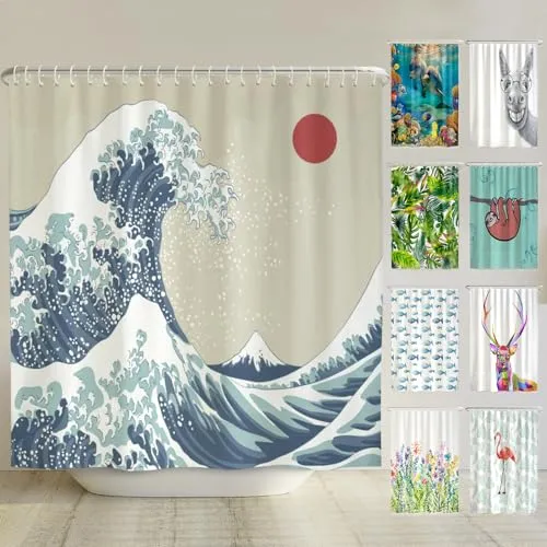 arteneur® Japan Welle - Anti-Schimmel Duschvorhang 240x200 - Duschvorhänge aus 100% recyceltem Polyester, wasserdicht und mit antibakterieller Beschichtung für hygienische Sauberkeit. Inkl. Duschvorhang-Ringe und E-Book mit Reinigungstipps.