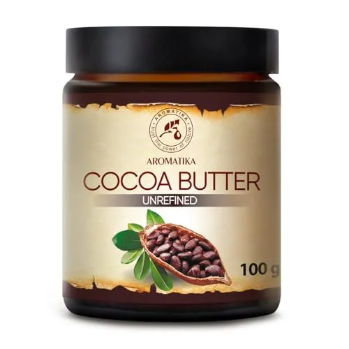 Cocoa Butter 100g Glas - Südafrika - Kakao Butter Unraffiniert - Native Rein & Natürlich - Kakaobutter für Lippenpflege - Stretch Marks - Haare - Körperbutter