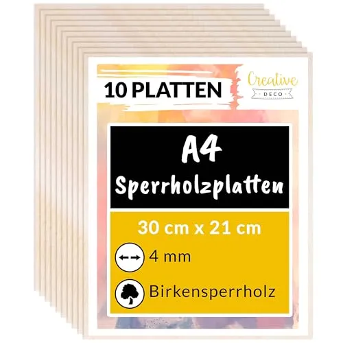 Creative Deco Bastelnaturmaterial Sperrholzplatte 4mm Birkensperrholz - 10-tlg Set - Bastelzubehör aus hochwertigem Birkensperrholz, ideal für Laubsäge, Brandmalerei und Laserschnitt, perfekt für kreative Projekte.