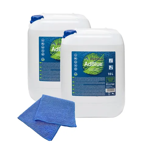 AGROLA AdBlue® 10 L Set inkl. Füllschlauch & Microfasertuch - Hochreine Harnstofflösung für SCR-Diesel-Motoren, 20 Liter Set, inklusive Füllschlauch und blauem Microfasertuch, ISO-Norm 22241 für konstante Qualität.