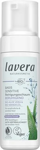 lavera basis sensitiv Reinigungsschaum - Sanfte Gesichtsreinigung mit Bio-Aloe Vera - Make-up-Reinigungsschaum mit natürlicher Formel, ideal für sensible Haut. Enthält Bio-Aloe Vera und Bio-Mandelöl, reinigt sanft ohne auszutrocknen.