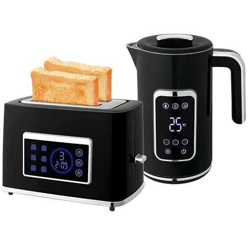HOMCOM Wasserkocher Toaster Set 1,7L Edelstahl Wasserkocher 2 Scheiben Toaster mit 6 Bräunungsstufen, LED-Touchscreen 2200W Frühstücksset mit Memory-Funktion, Auftauen, Aufwärmen, Krümelfach Schwarz