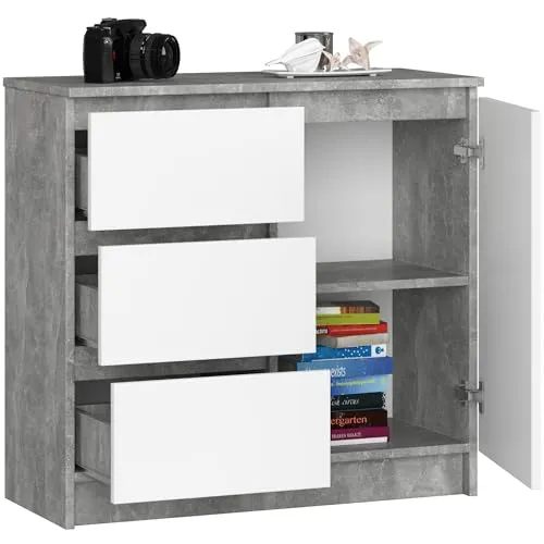 BDW - Kommode mit 3 Schubladen und 1 Tür - 80 cm breit, 77 cm hoch - Schrank, Sideboard, Mehrzweck-, Schuhschrank, Schubladenkommode, Aktenschrank - Wohn-, Schlafzimmer, Flur - Beton/Weiss