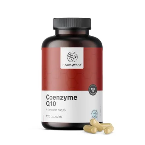 HealthyWorld Coenzym Q10 200 mg - Hoher Gehalt, optimale Versorgung - 120 Pflanzenkapseln - 4 Monatsvorrat - 200 mg Coenzym Q10 pro Kapsel - Energiesteigerung, Anti-Age Wirkung