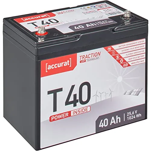 Accurat Traction LiFePO4 Batterie T40-24V, 40Ah, Bootsbatterie, Wohnmobil | Lithium-Eisenphosphat Versorgungsbatterie, Solarbatterie für Wohnwagen, Camper, Niedrige Selbstentladungsrate