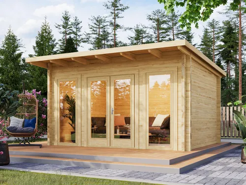 Fjordholz Gartenhaus Berlin 70 B Modern – Pultdach - Modernes Gartenhaus mit 70mm starken Wandbohlen aus nordischer Fichte, energiesparend und individuell anpassbar. Inklusive hochwertiger Doppeltür und bodentiefen Fenstern für optimalen Lichteinfall.