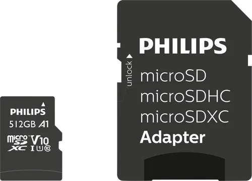 Philips MicroSDXC Card 512GB Class 10 UHS-I U1 - Speicherkarten, 512 GB hohe Speicherkapazität für schnelle Datenübertragung, inkl. Adapter für vielseitige Nutzung