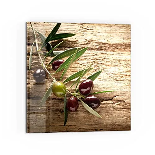 DEQORI Küchenrückwand Glas | Motiv Dekorativer Olivenzweig | 60x60 cm | Bad- oder Herd-Rückwand | Herdblende Spritzschutz für Küche & Badezimmer | moderne Deko für Fliesenspiegel