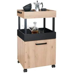 FORTE HOME BAR Barschrank mit Rollen, Artisan Eiche / Schwarz matt - Stylischer Barschrank mit 4 Rollen für einfache Mobilität, 2 belastbaren Einlegeböden und pflegeleichter Oberfläche - perfekt für Ihre Bar zuhause.