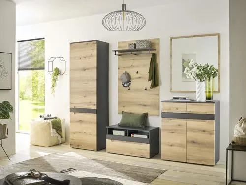 moebel-dich-auf Garderoben-Set TARENT 5-tlg. in Anthrazit und Evoke Oak - Drohnen: Stilvolles 5-teiliges Garderoben-Set mit viel Stauraum, ideal für einen organisierten Flur und modernes Design.